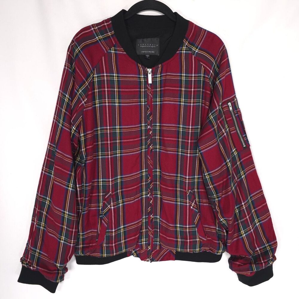 ANTHROPOLOGIE SANCTUARY Plaid Bomber Jacket Red Check Women’s Large J0331-ZRF394